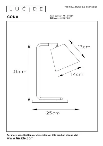 Lucide CONA - Table lamp - 1xE14 - White - technical